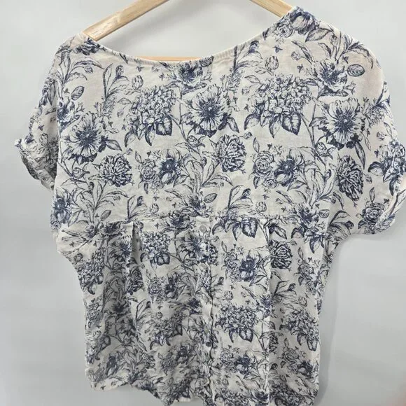 Terzo Millennio Cream Blue Made in Italy 100% Linen  Short Sleeved Top Large - Picture 2 of 14